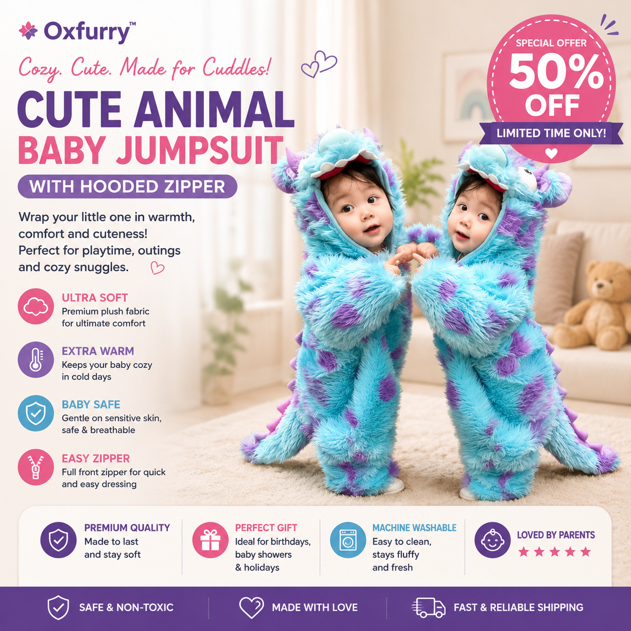 Oxfurry™ Cozy Monster Baby Jumpsuit