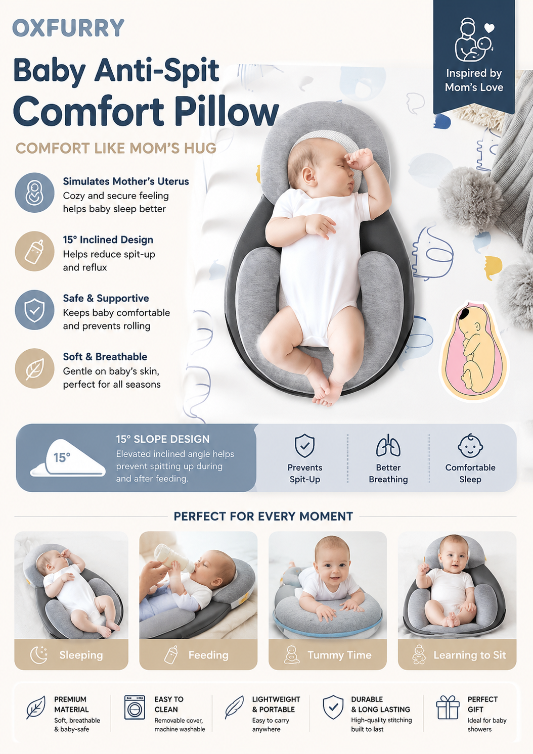 Oxfurry Baby Anti-Spit Comfort Pillow
